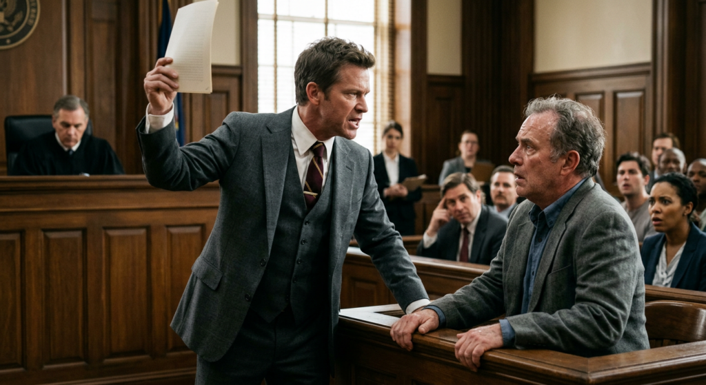 A ballsy attorney in a courtroom as he destroys a witness on cross-examination