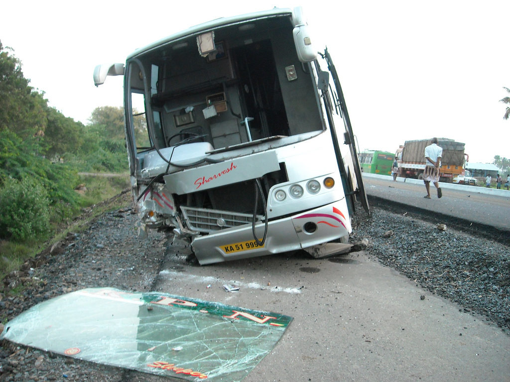 crashed bus dead on road